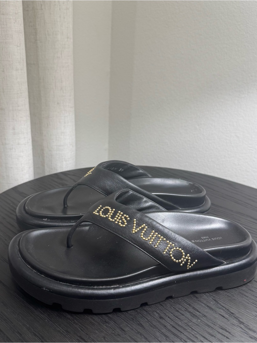 Louis Vuitton Logo Studded Pillow Thong Sandals Calfskin Black 38